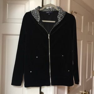 Black velour hoodie, leopard-lined hood